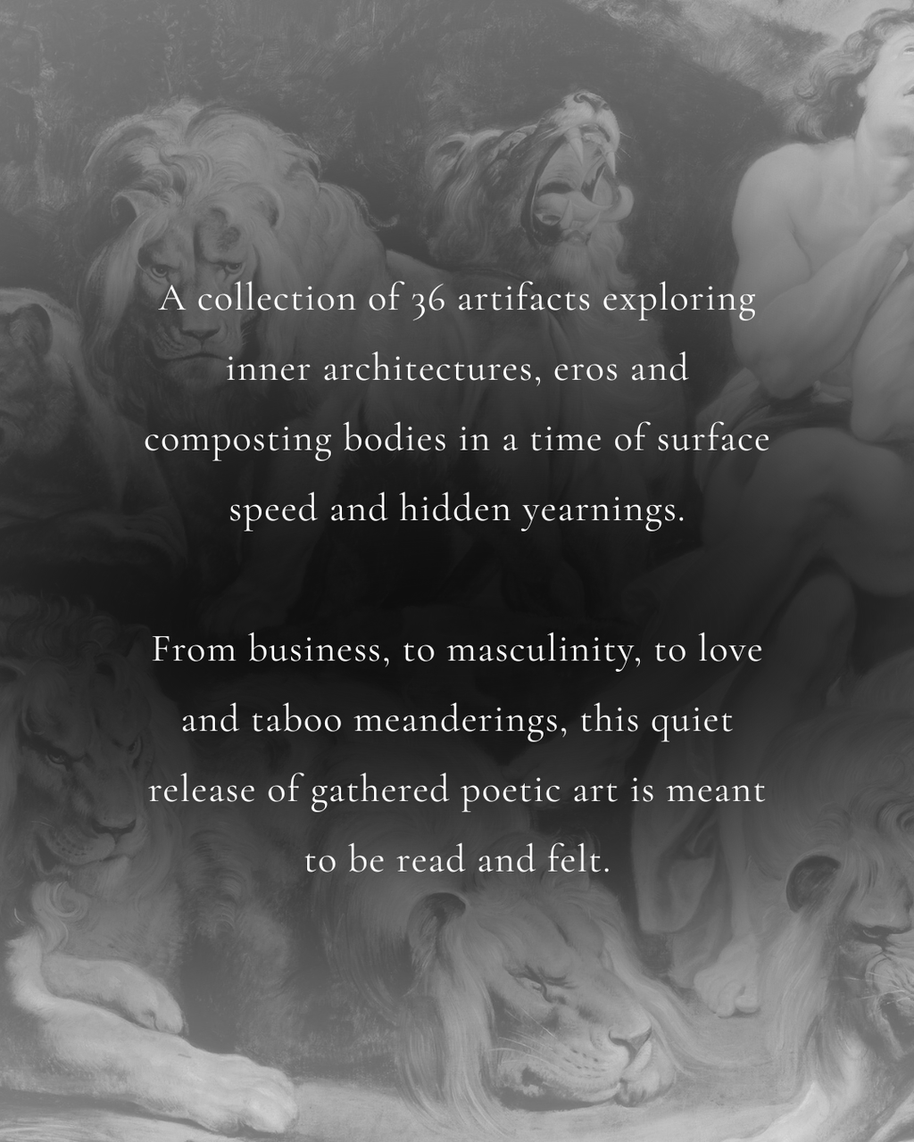 Artistic depiction of lions with text overlay on a dark background