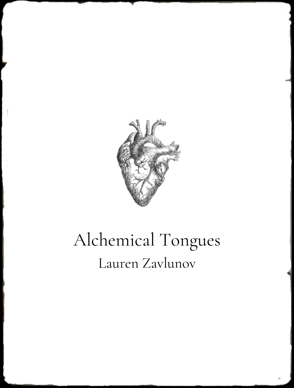 Book cover of 'Alchemical Tongues' by Lauren Zavlunov with a black and white illustration of a heart.