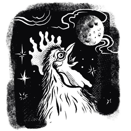 Black and white illustration of a rooster with a moon and stars in the background