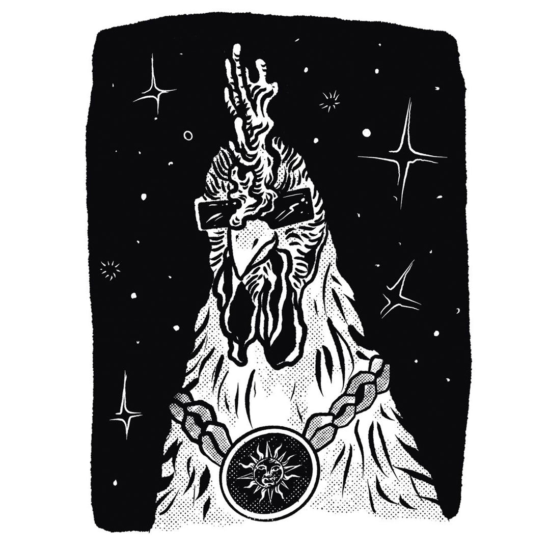 Black and white illustration of Galo the rooster in gangster chains and sunglasses