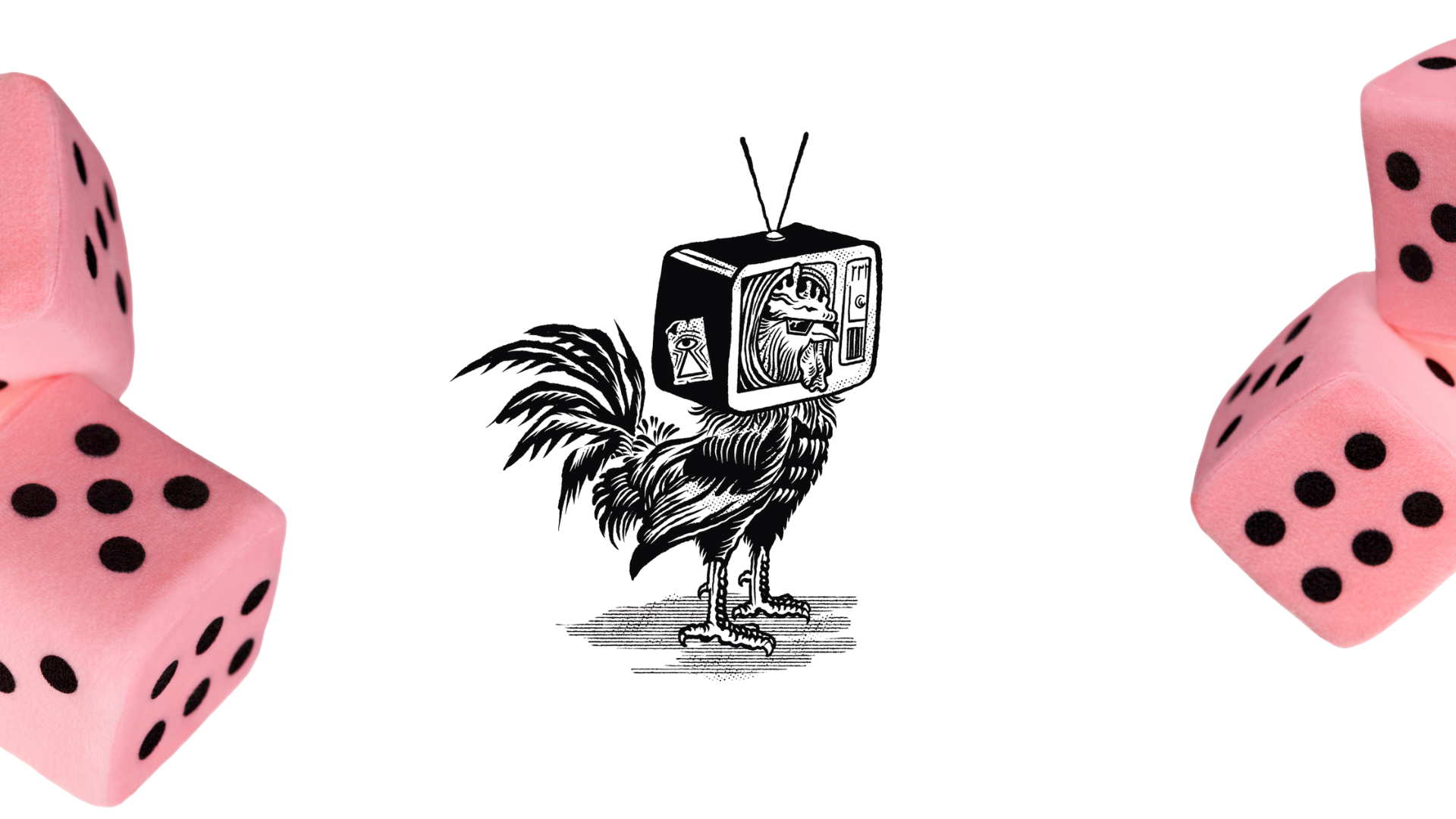 Hand drawn funky rooster, the hero of God help me I'm Awake! brand with metaphysical symbols and a tv on his head surrounded by pink dice